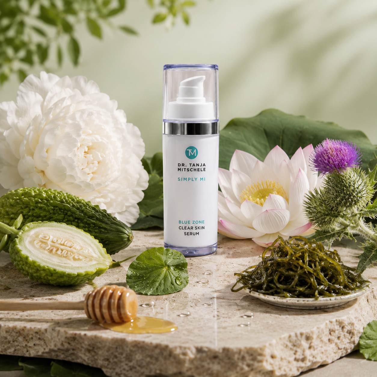 Simply Mi Clear Skin Serum mit
Momordica PHA Säure Honig Lotus
Mariendistel Meeresalgen Wirkstoffen